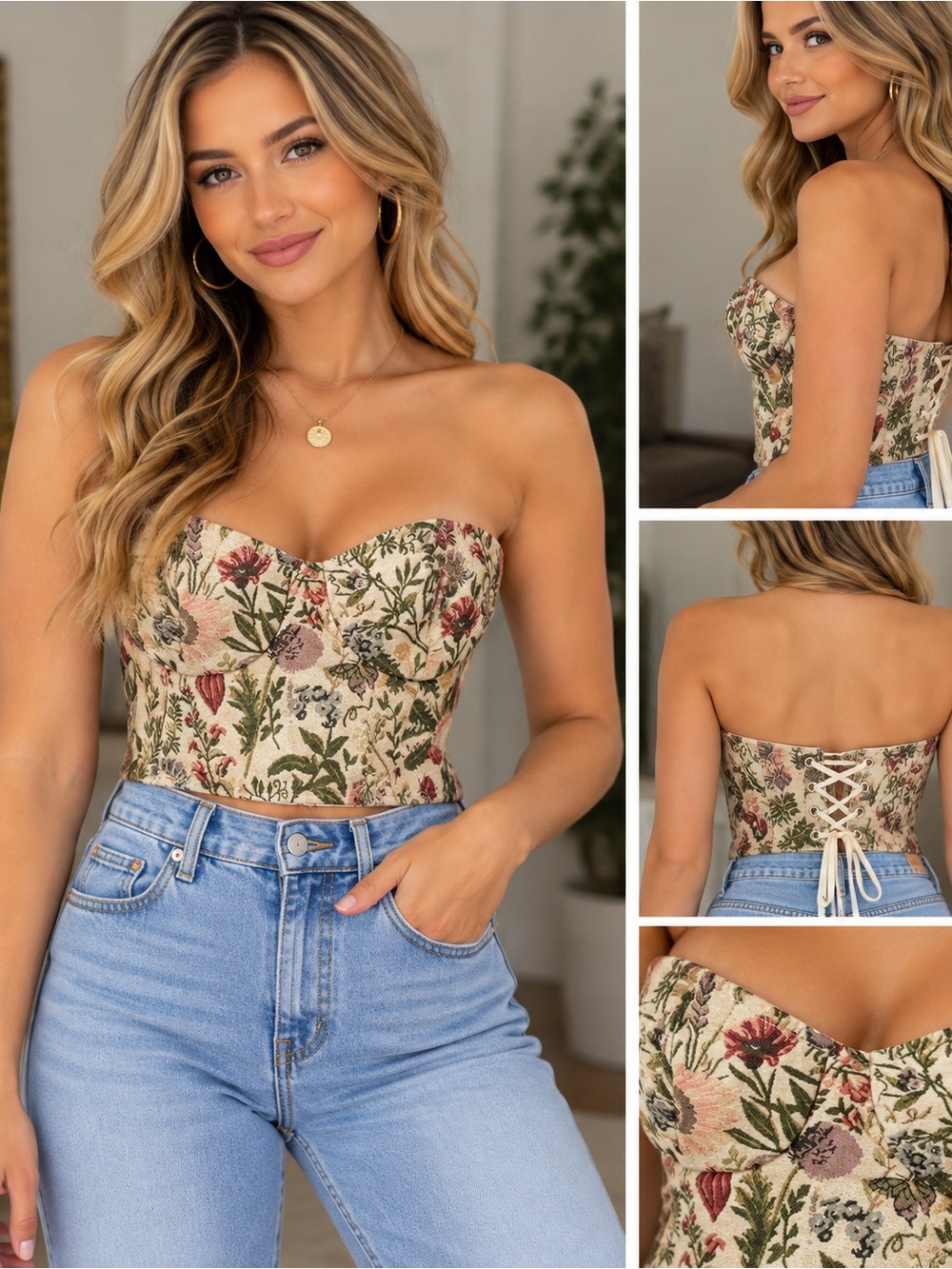 SHEIN Floral Embroidered Strapless Crop Top in Cream, Green, Pink